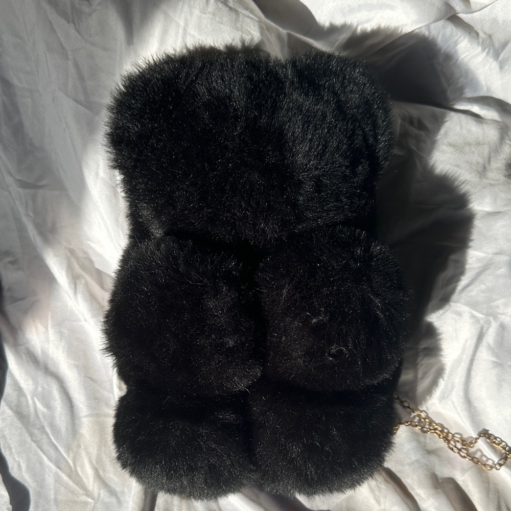 Black Faux Fur Handbag with Gold Chain